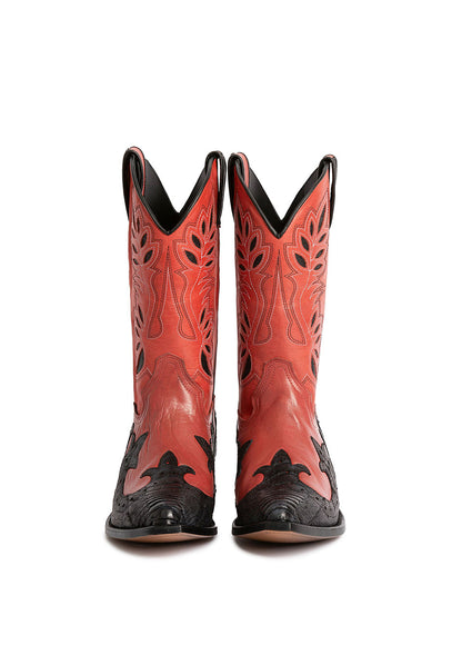 Black & Red Vegan Leather Pointed Toe Embroidered Wide Calf Cowgirl Ankle Boots With Chunky Heels