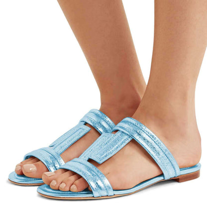 Blue T Strap Flat Beach Sandals