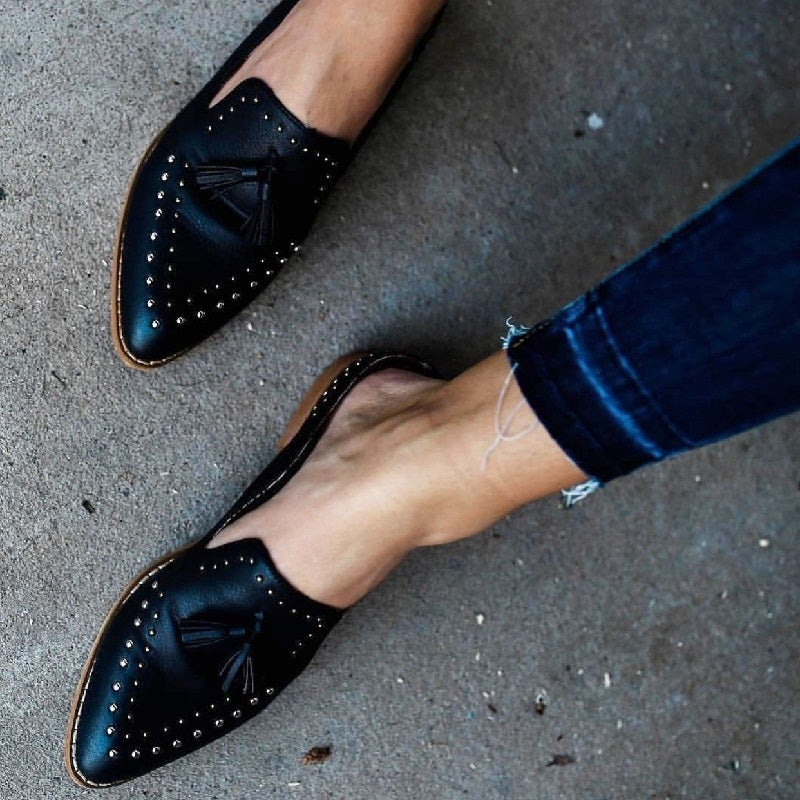 Black Studs Tassel Flats Mule Loafers for Women