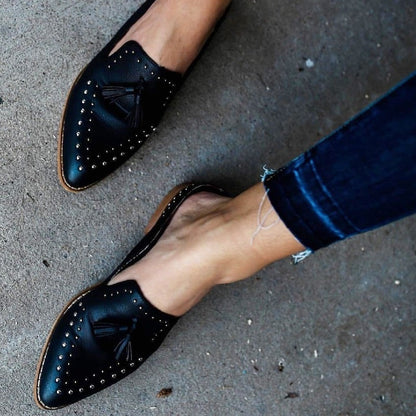 Black Studs Tassel Flats Mule Loafers for Women
