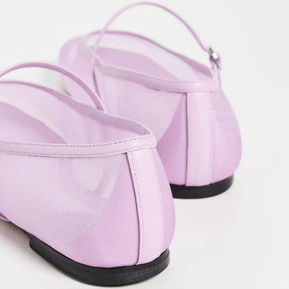 Lavender Mesh Square Toe Buckled Bridge Strap Mary Jane Flats