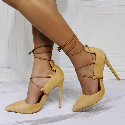 Yellow Pointy Toe Heels Wrap Shoes Vintage Stiletto Heel Pumps