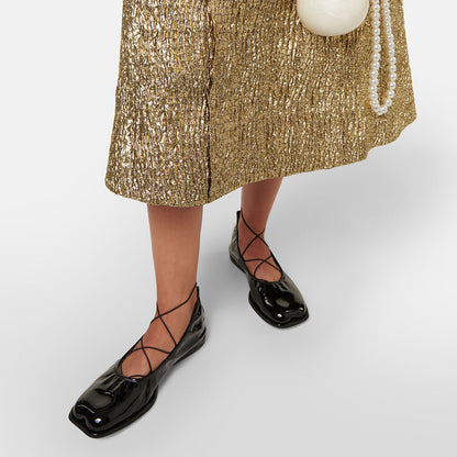 Black Patent Leather Square Toe Elasticated Edge Lace Up Ballet Flats