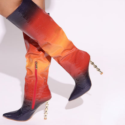 Multicolor Gradient Croco Embossed Decorative Heel Knee High Boots