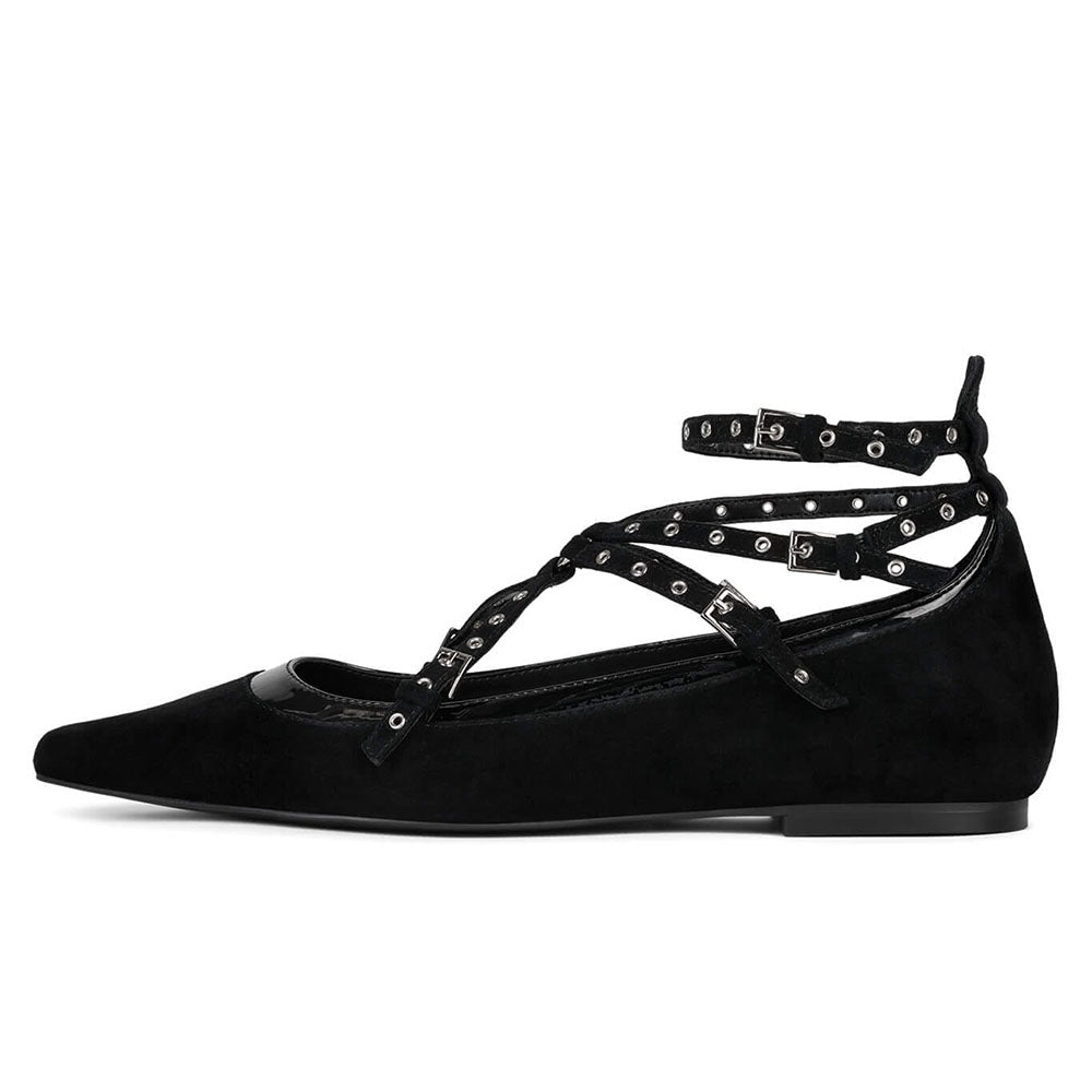 Black Pointed Toe Fashion Strappy Ballet Flats with Buckle