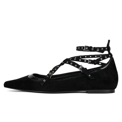 Black Pointed Toe Fashion Strappy Ballet Flats with Buckle