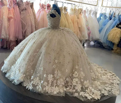 Elegant Ivory V-neck Applique Sweet 16 Quinceanera A-Line Prom Dress Birthday Dress Evening Dress Ball Gown TP4527