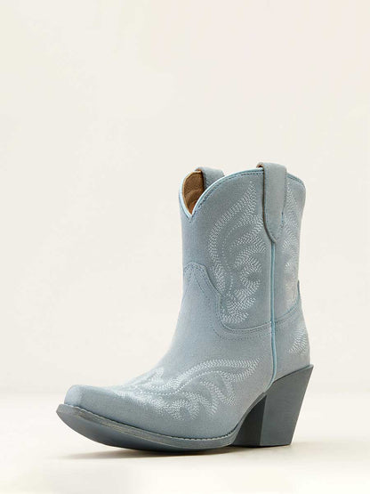 Baby Blue Faux Suede Snip Toe Embroidered Block Heel Cowgirl Ankle Boots