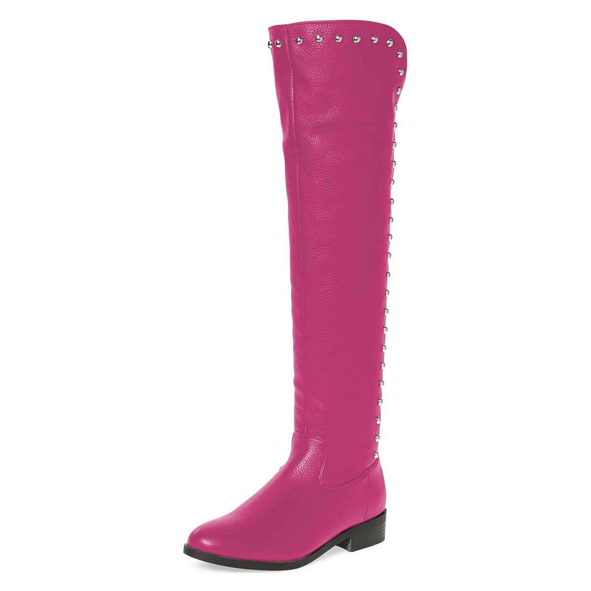 Fuchsia Studded Round Toe Flat Knee High Boots for Women