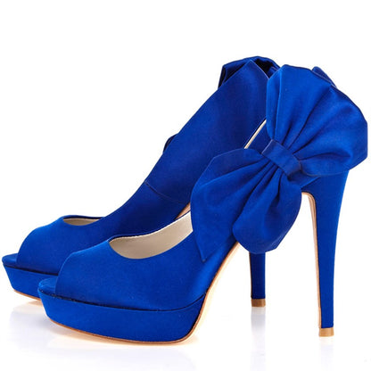 Royal Blue Peep Toe Stiletto Heels Side Bow Platform Pumps