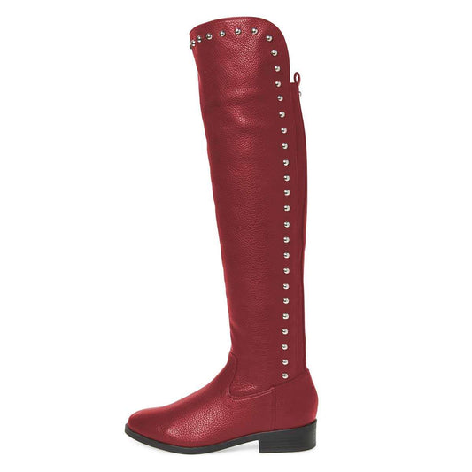 Maroon Round Toe Flat Knee High Boots with Studs