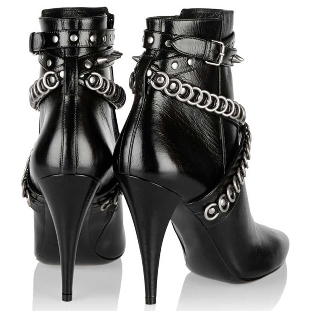 Black Studded Crisscross Strap Pointy Toe Cone Heel Ankle Boots