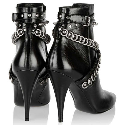 Black Studded Crisscross Strap Pointy Toe Cone Heel Ankle Boots
