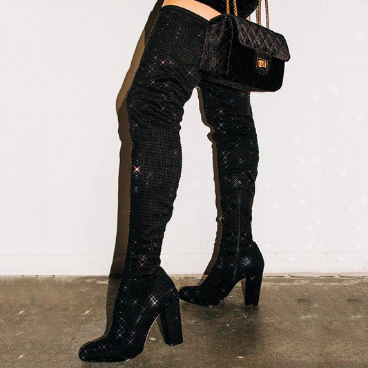 Black Vegan Suede Rhinestone Chunky Heel Thigh High Boots