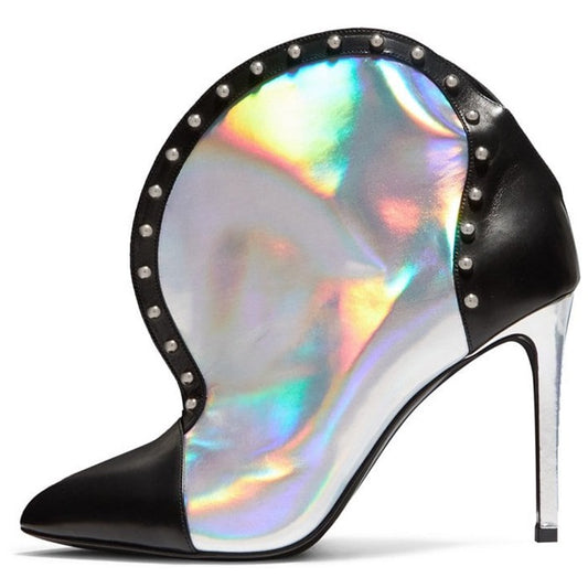 Black and Silver Hologram Stiletto Booties Studded Ankle Boots