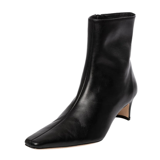 Black Snip Toe Zipper Ankle Boots for Women with Block Heel