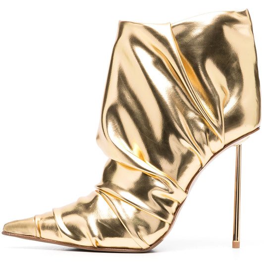 Stylish Metallic Gold Pointy Toe Stiletto Heel Pleated Ankle Boots