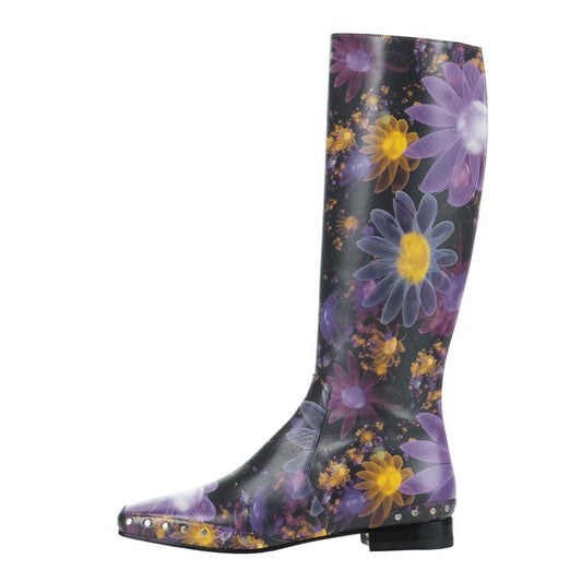 Multicolor Flower Print Square Toe Studded Flat Knee High Boots