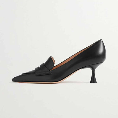 Classic Black Pointed Toe Kitten Heel Penny Loafers for Women
