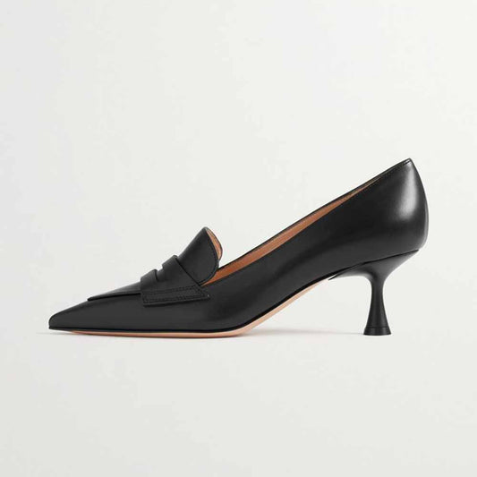 Classic Black Pointed Toe Kitten Heel Penny Loafers for Women