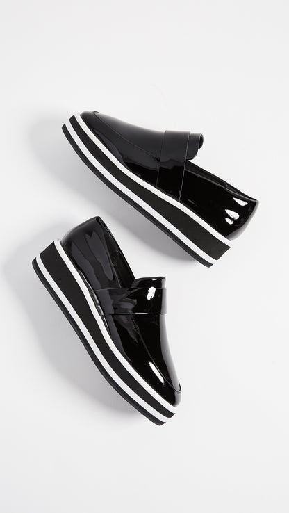 Black Patent Leather Round Toe Platform Loafers for Women