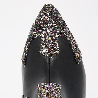 Black Almond Toe Glitter Patchwork Star Ankle Boots with Block Heel