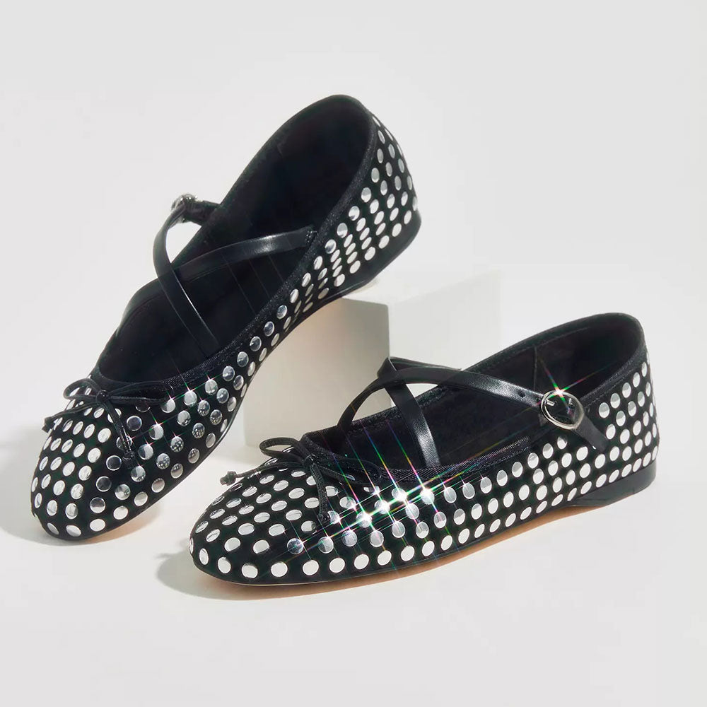 Black Round Toe Studded Fashion Ballet Flats with Straps