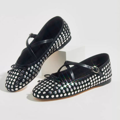 Black Round Toe Studded Fashion Ballet Flats with Straps