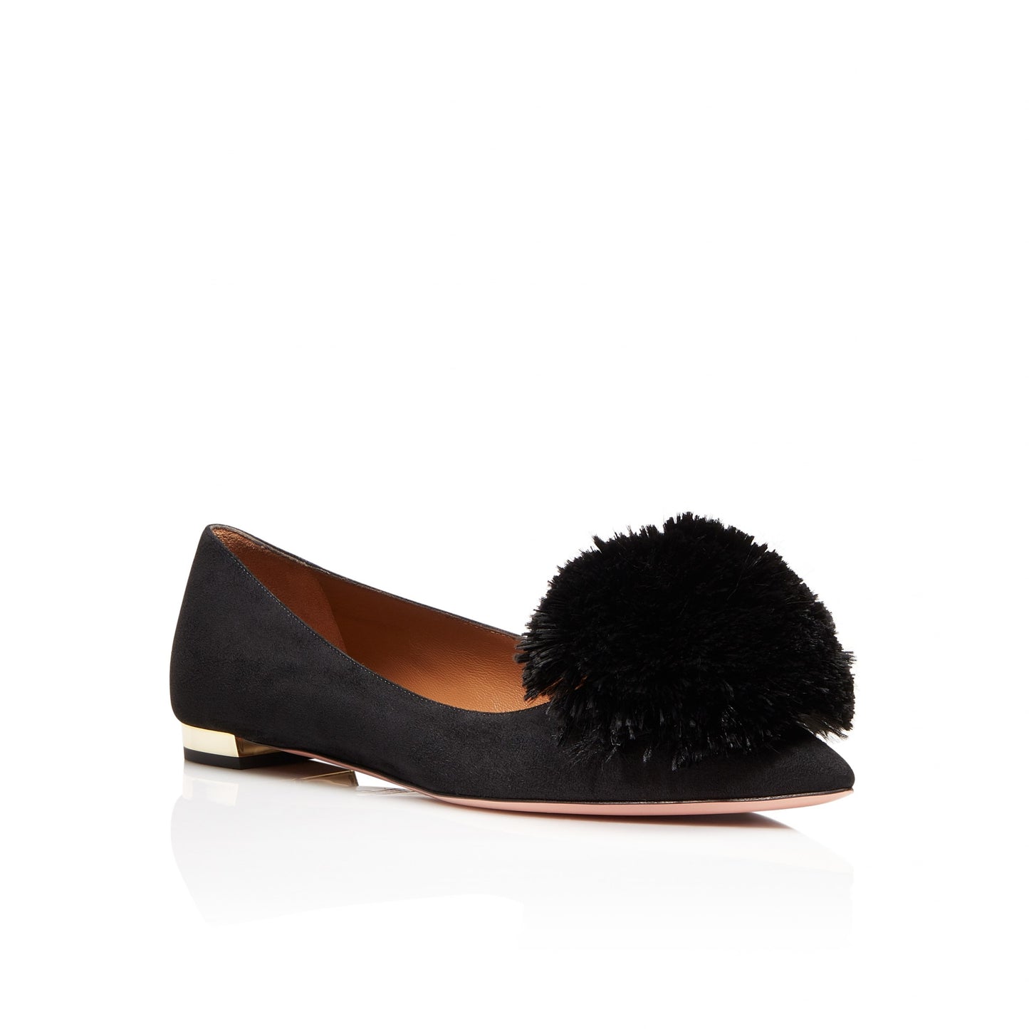 Black Cute Pom Pom Shoes Vegan Suede Pointy Toe Casual Flats