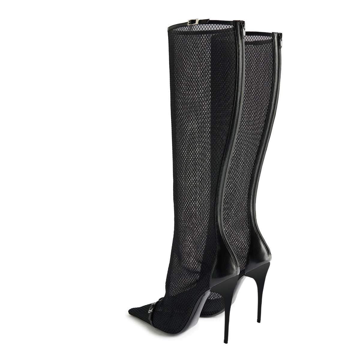 Black Mesh Buckle Strap Pointed Toe Stiletto Heel Zip Knee High Boots