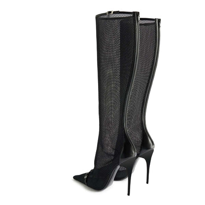 Black Mesh Buckle Strap Pointed Toe Stiletto Heel Zip Knee High Boots