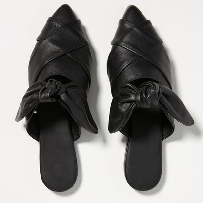 Women's Black Pointy Toe Cross Strap Flat Mules with Bow Decor