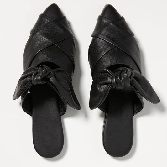 Women's Black Pointy Toe Cross Strap Flat Mules with Bow Decor