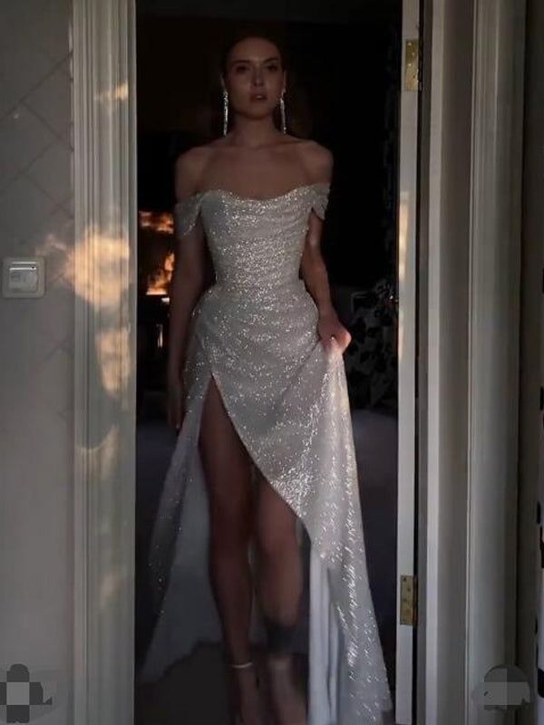 PM368,Sparkly Ivory Mermaid Off Shoulder High Slit Cheap Long Prom Dresses Online