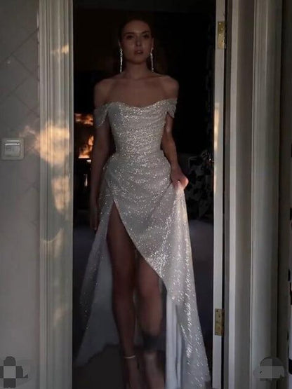 PM368,Sparkly Ivory Mermaid Off Shoulder High Slit Cheap Long Prom Dresses Online