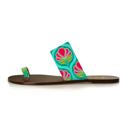 Stylish Green Floral Print Beach Flats Summer Toe Ring Sandals