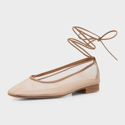 Chic Mesh Closed Square Toe Ankle Wrap Ballet Flats in Nude