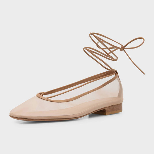 Chic Mesh Closed Square Toe Ankle Wrap Ballet Flats in Nude