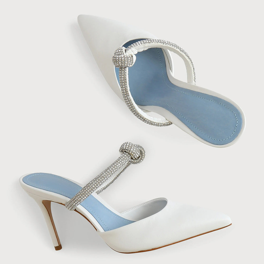 White Pointy Toe Stiletto High Heel Mules with Rhinestone Strap