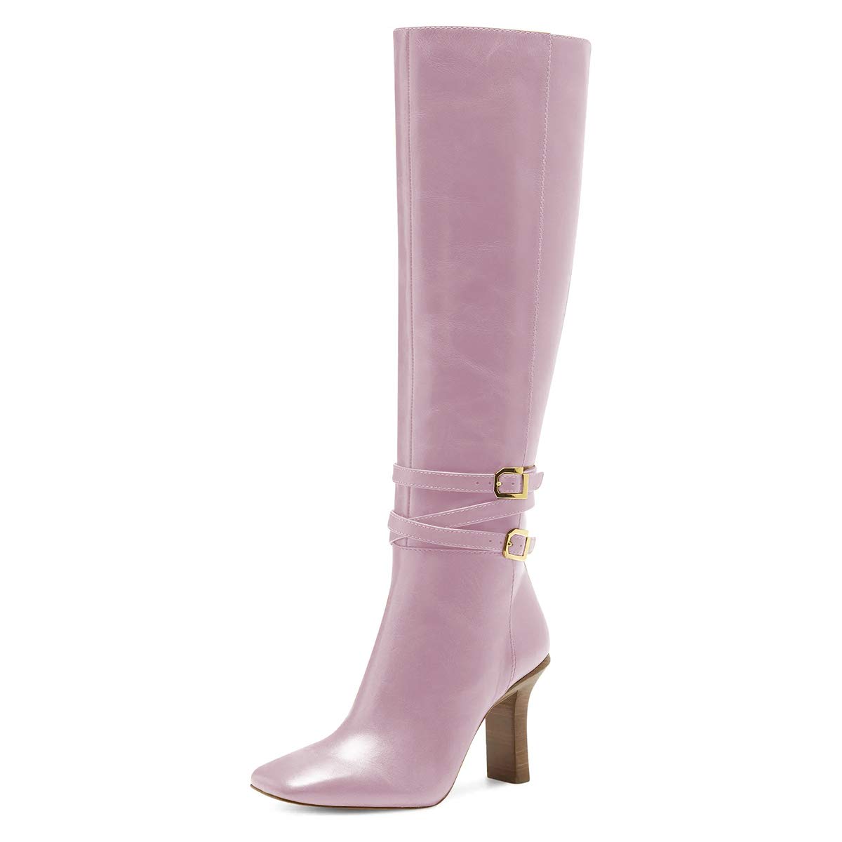 Black Square Toe 3'' Block Heel Knee High Boots with Buckles