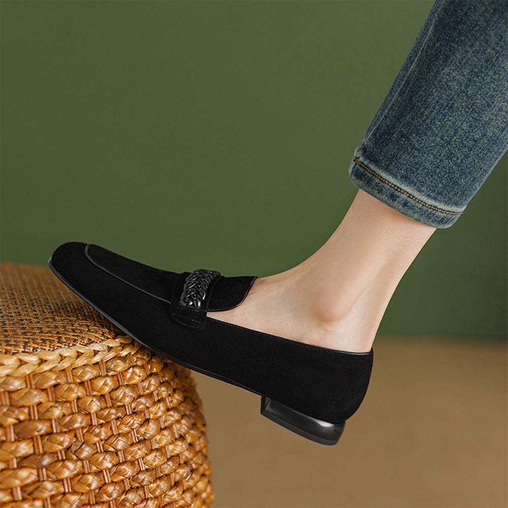 Black Vegan Suede Square Toe Chunky Heel Chain Loafers