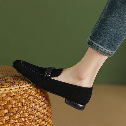 Black Vegan Suede Square Toe Chunky Heel Chain Loafers