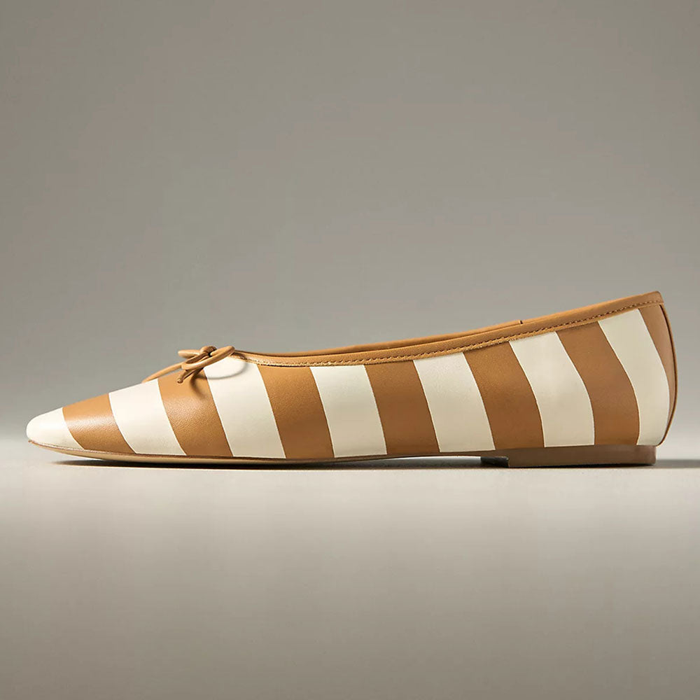 Women's White & Tan Stripe Square Toe Bow Slip-On Flats