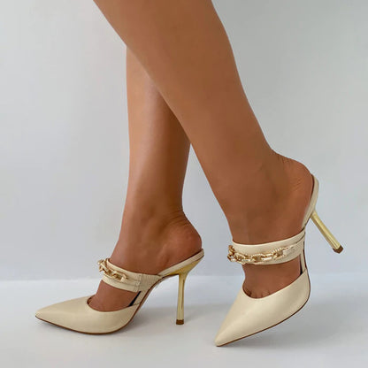 Beige Pointed Toe Stiletto Heels Metal Chain Vintage Mules for Women