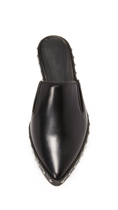 Stylish Black Pointed-Toe Studded Trim Flat Mule Loafers