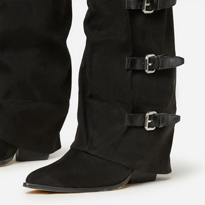 Black Vegan Suede Almond Toe Chunky Heel Fold-Over Knee High Boots