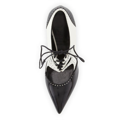 Black & White Pointed Toe Saddle Shoes Lace-Up Cutout Pumps Heels