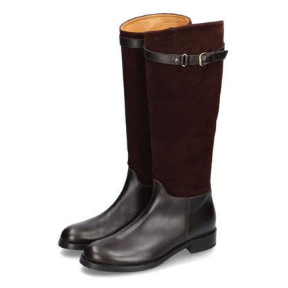 Brown Patchwork Round Toe Flat Knee High Boots with Buckle Strap