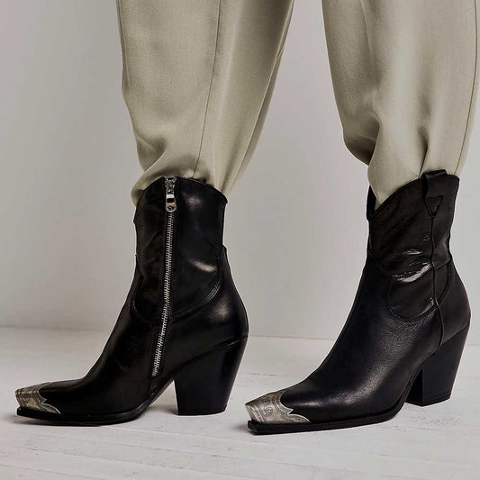 Black Vegan Leather Metallic Snip Toe Side-Zip Cowgirl Ankle Boots