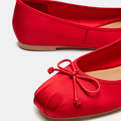Women's Satin Ruched Square Toe Bow Embellished Ballet Flats in Red